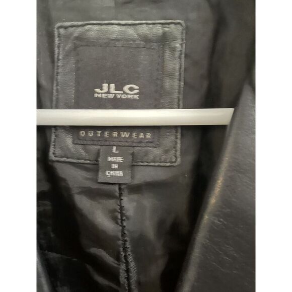 JLC New York Womens Large Leather Coat Jacket Black Two Button Front Pockets - Picture 3 of 4